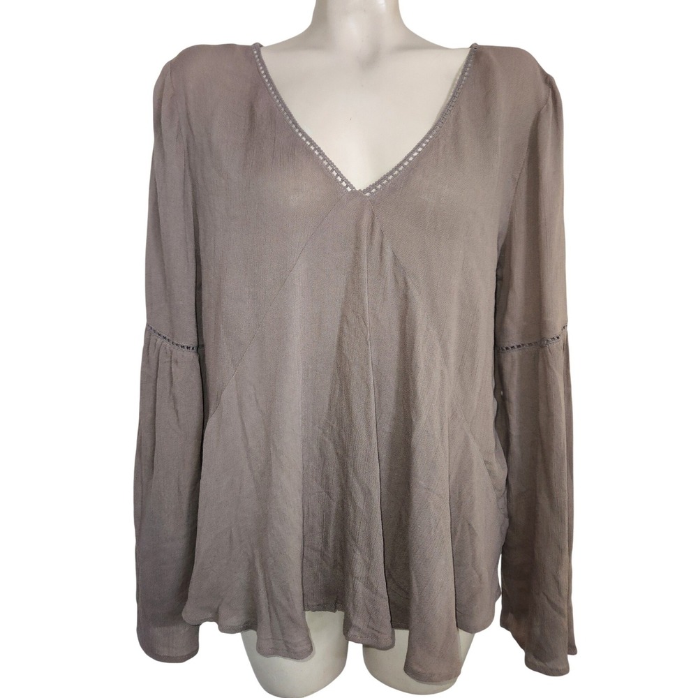 O'Neill NEW Ophelia Taupe Brown Bell Sleeve V-Neck Lace Trim Blouse XL Beachy